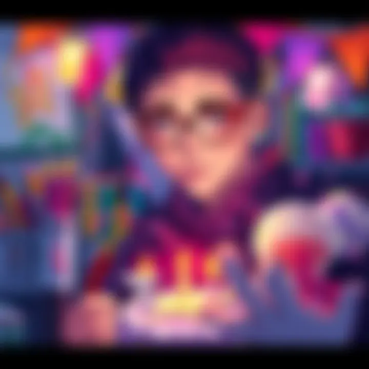 A vibrant illustration of Yusuke Nomura, surrounded by art supplies and birthday decorations, celebrating his talent as an illustrator.