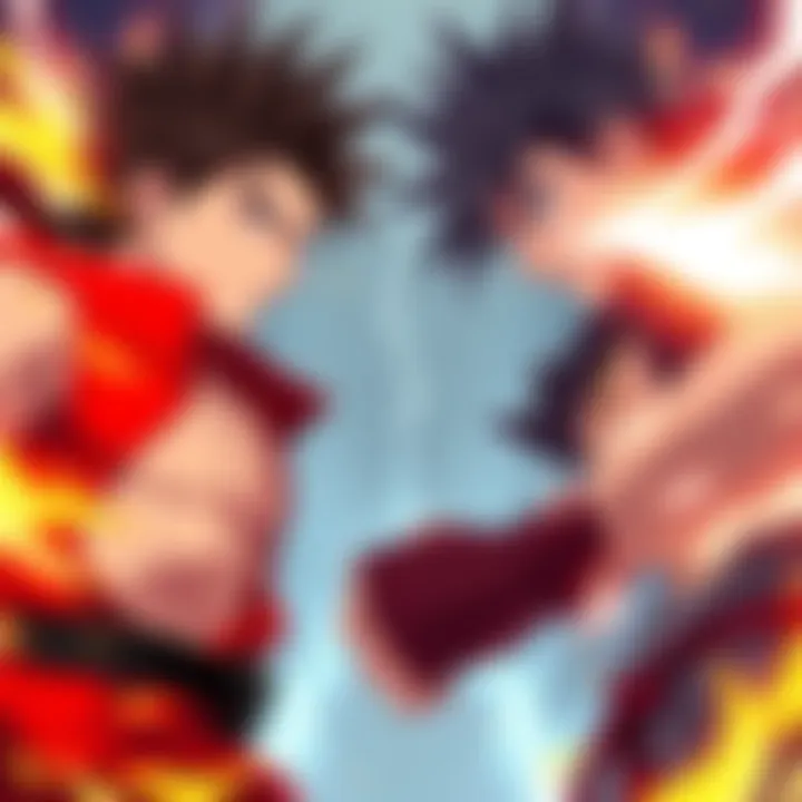 Yusuke Urameshi and Ryu Ishigori prepare for their intense battle in the Dark Tournament, showcasing their fierce expressions and ready stances.