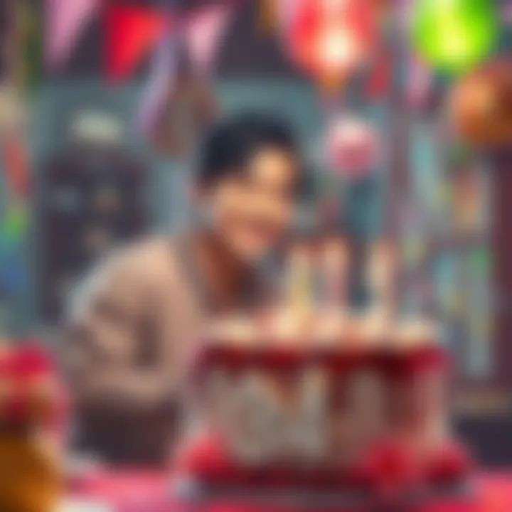 A festive scene with birthday decorations and a cake featuring Yuta Okkotsu, celebrating his birthday on March 7
