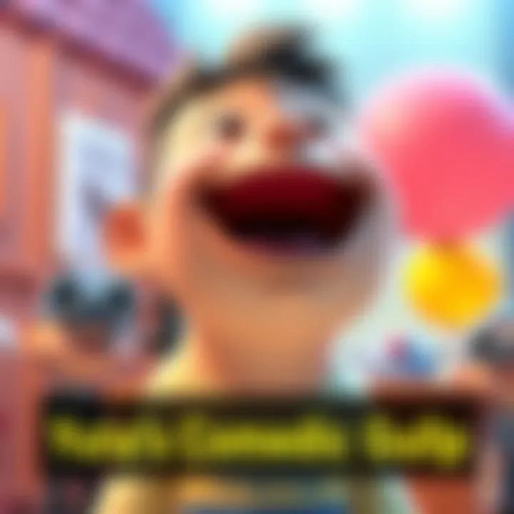 Yuta's animated character is shown with a surprised expression, preparing to gulp. Bright colors and a playful background highlight the comedic element of the scene.