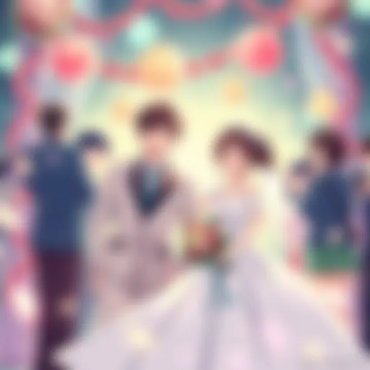 Yuta and Maki wedding scene Yuta and Maki in wedding attire celebrating their wedding day, surrounded by friends and festive decorations