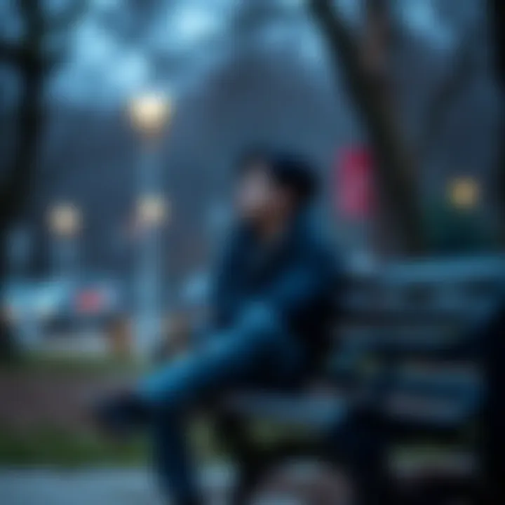 Yuta Reflecting Yuta sits alone on a park bench, looking contemplative and thoughtful, showcasing his struggles and resilience.