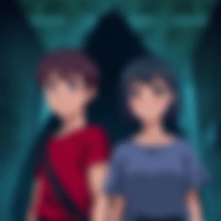 Yuta and Rika with Shoko Yuta and Rika looking concerned, standing together with a shadowy figure representing Shoko in the background.