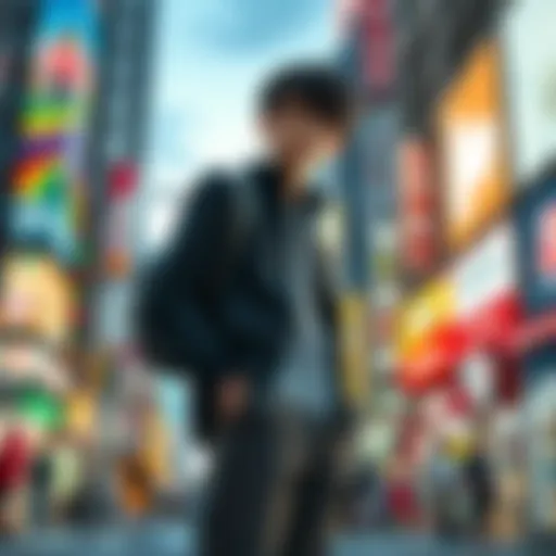 Yuta stands confidently in the bustling streets of Shibuya, contemplating challenges without his cursed techniques, with Rika's spirit beside him.