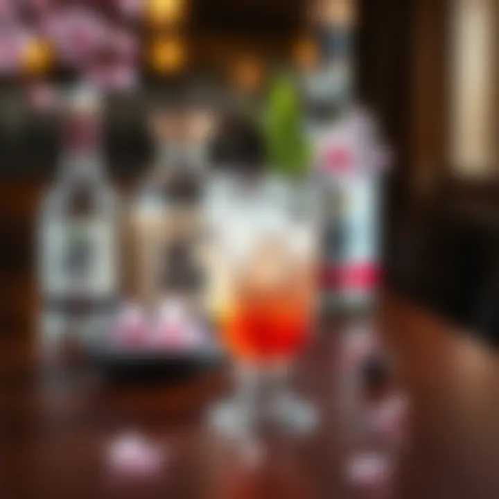 A refreshing Yuyuko cocktail made with gin, sake, and sakura, garnished with cherry blossoms on a wooden table.