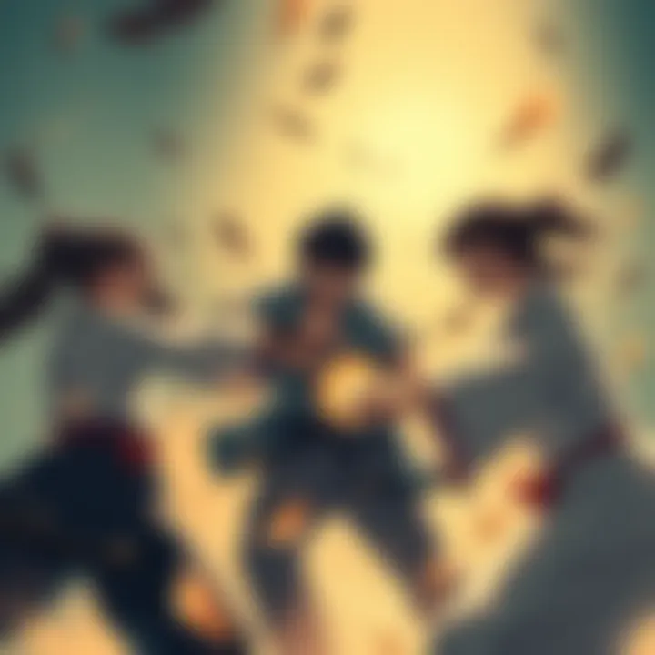 The Yuzuki family members engaged in a dynamic fight scene, showcasing their emotions and teamwork in a slice of life setting, highlighting the intensity of their bond.