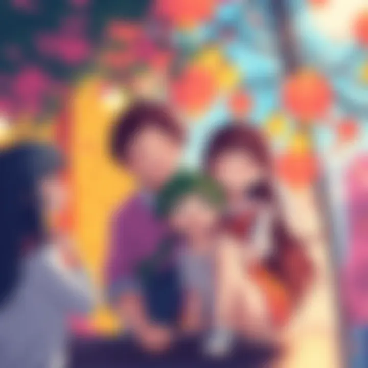 A group of colorful anime characters from Zakko! sharing joyful moments together in a vibrant setting.