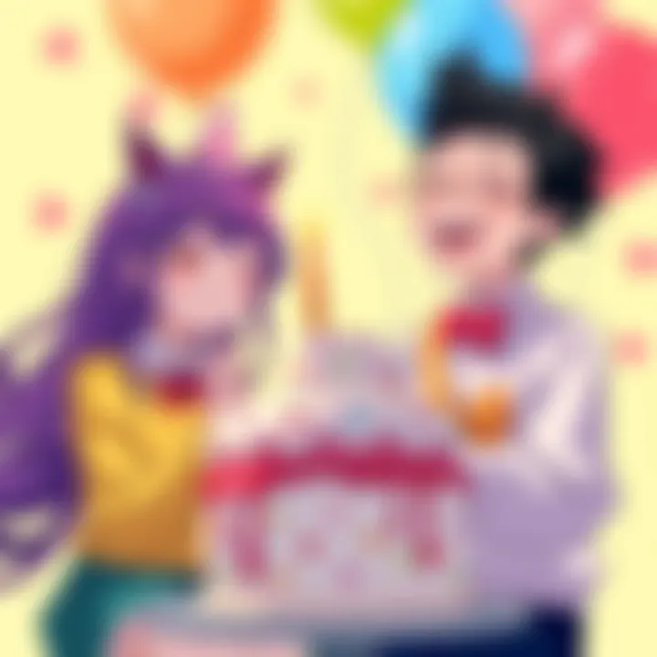 Zanka and Suguru's Birthday Celebration A colorful drawing of Zanka and Suguru joyfully celebrating their birthday together with cake and balloons.