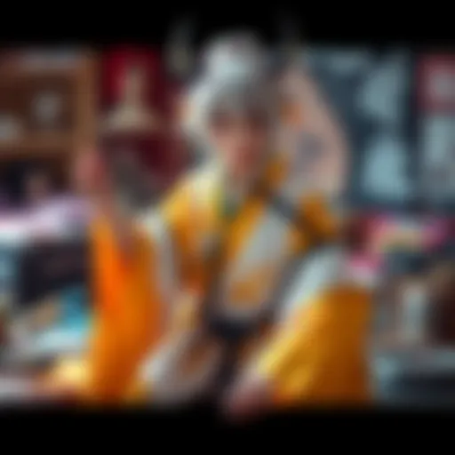 A person dressed as Zenitsu from Demon Slayer, showcasing the vibrant yellow and white outfit with a katana, surrounded by crafting materials