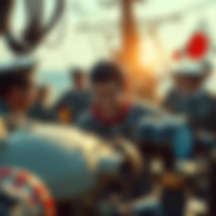 Zenitsu humorously operating sonar equipment on a naval ship, surrounded by naval crew members, reflecting the chaotic atmosphere of the Imperial Japanese Navy during World War II.