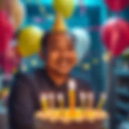 Zeno Robinson smiling at a birthday celebration with balloons and cake in the background