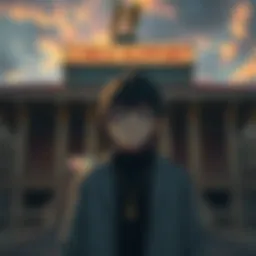 Zerofuku stands in front of a child support agency building, looking concerned and contemplative. The setting reflects a divine realm with mythological elements.