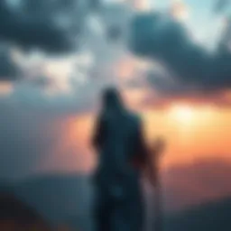 Zeus observing the dramatic landscape of God Valley, with clouds and lightning in the background, symbolizing his silent witness to past events.