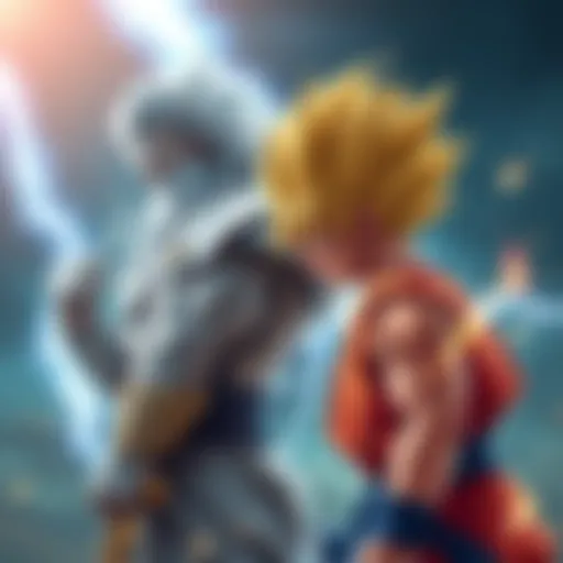 Zeus, the Greek god with a lightning bolt, stands opposite Goku, the anime hero with spiky hair, both ready to battle in a dramatic scene.