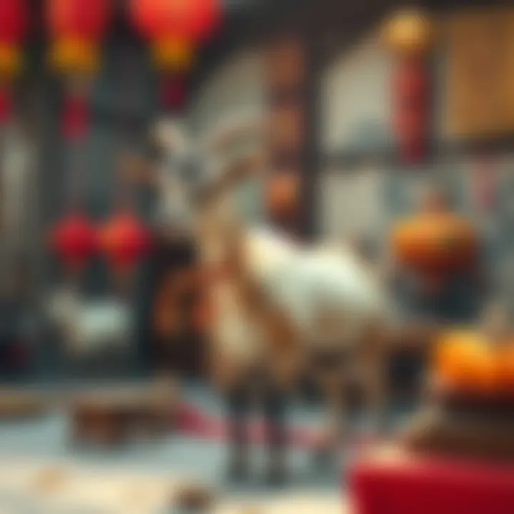 A Zhuque Goat depicted in a cultural scene, surrounded by traditional decorations and symbols, showcasing its significance in culture.