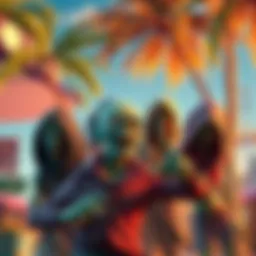 Beloved zombie characters from Zombie Land Saga in a lively paradise scene