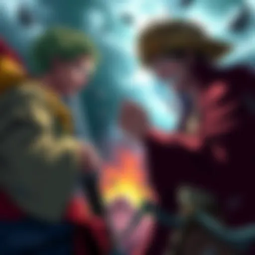 Zoro and Sanji, ready for battle, confront Akainu in an intense showdown