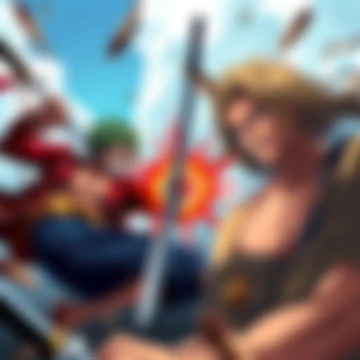 Zoro and Sanji face off in a fierce battle, showcasing their unique fighting styles and strengths.