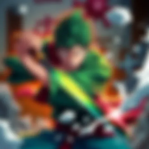 Zoro showcasing his sword skills in an intense anime scene.