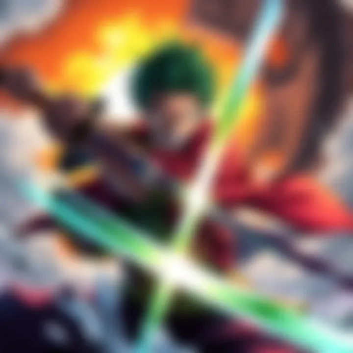 Zoro wielding his swords, showing determination and strength, representing his top ranking character status.