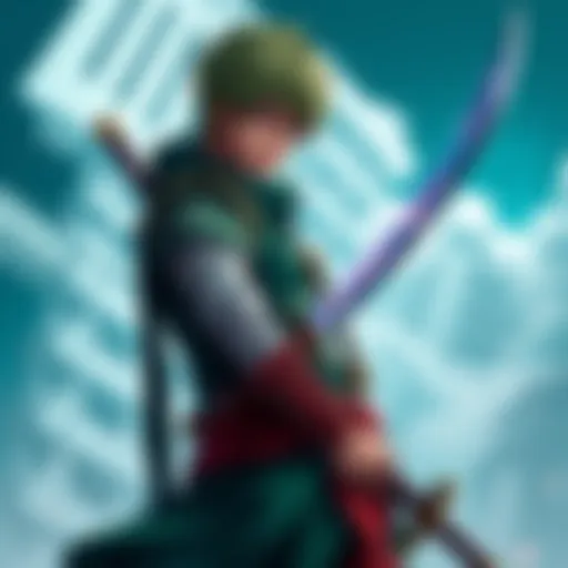 Zoro stands confidently with his swords, ready for the next challenge in his journey, with a fierce expression on his face.