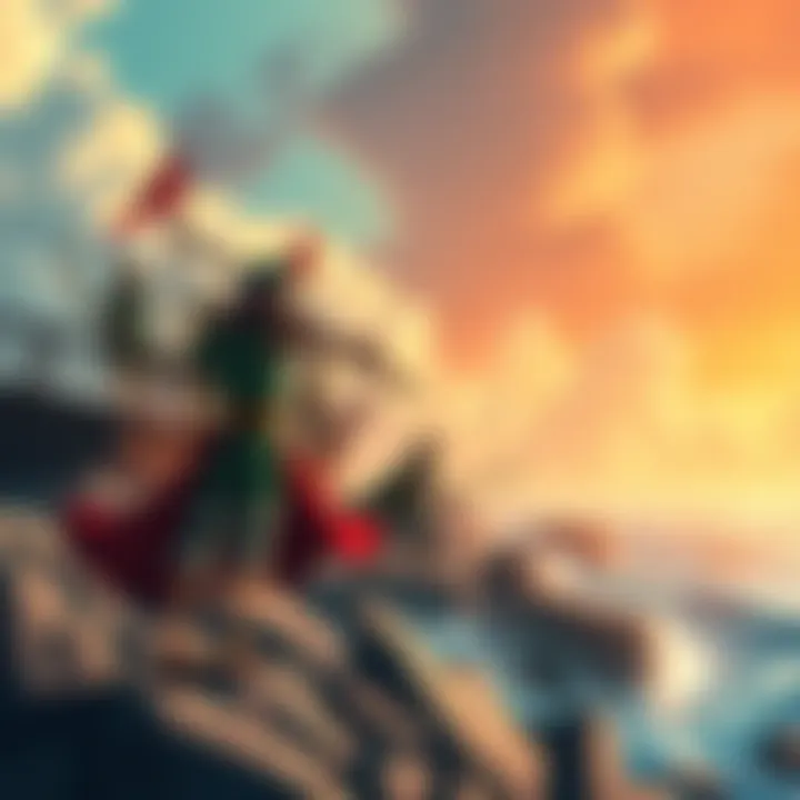 Zoro stands ready to battle the Blackbeard Pirates on a rocky shore, sword drawn and determined, with the crew in the background preparing for a fight.