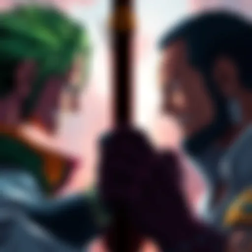 Zoro and Boa Hancock facing each other in an intense showdown, ready to fight with determination in their eyes.