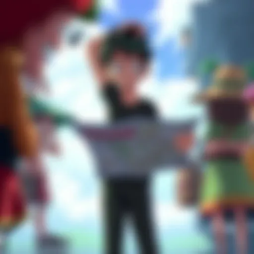 Zoro stands with a puzzled expression, holding a map upside down while surrounded by friends who appear amused.