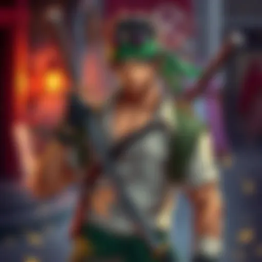 A person dressed as Zoro, showcasing his iconic green bandana, swords, and stylish attire, standing in a confident pose.