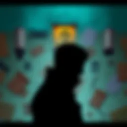 A silhouette of a man with a question mark above his head, surrounded by various clues like maps and notes related to Zoro D. Lost's disappearance.
