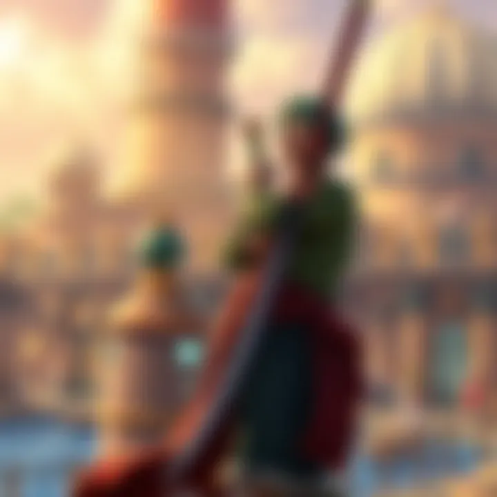 Zoro stands confidently with his sword, overshadowing Usopp who looks disappointed in the background, set against the vibrant backdrop of Elbaf.