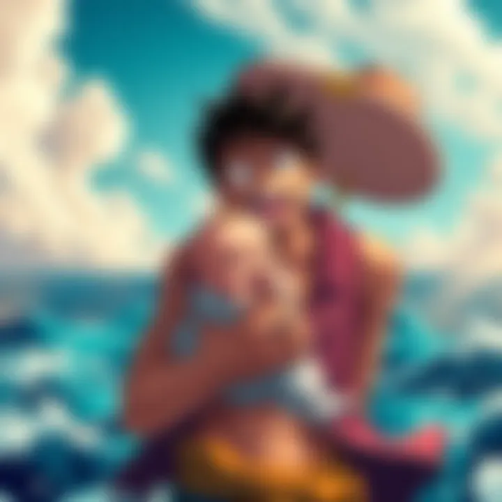 Zoro joyfully holding a baby with a surprised expression, highlighting his new role as a father amidst a vibrant ocean backdrop.