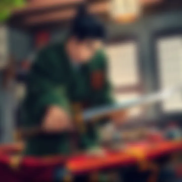 Zoro working on forging Enma and Wado Ichimonji into Supreme Grade swords in a traditional Japanese workshop