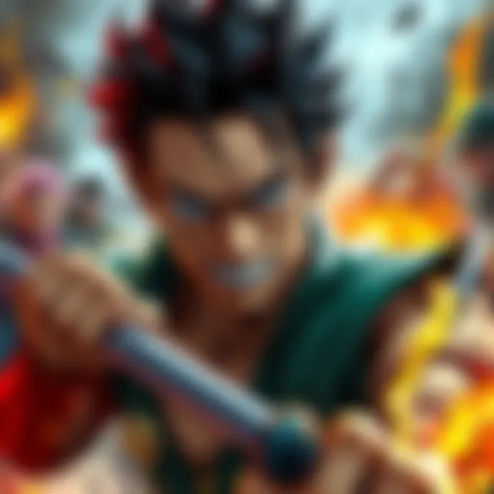 Zoro looking fierce with a determined expression, ready for battle against potential future foes, set in a dynamic action scene.