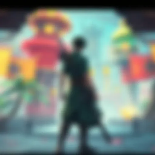 Zoro standing in a vibrant game setting, showcasing different pathways based on player choices.