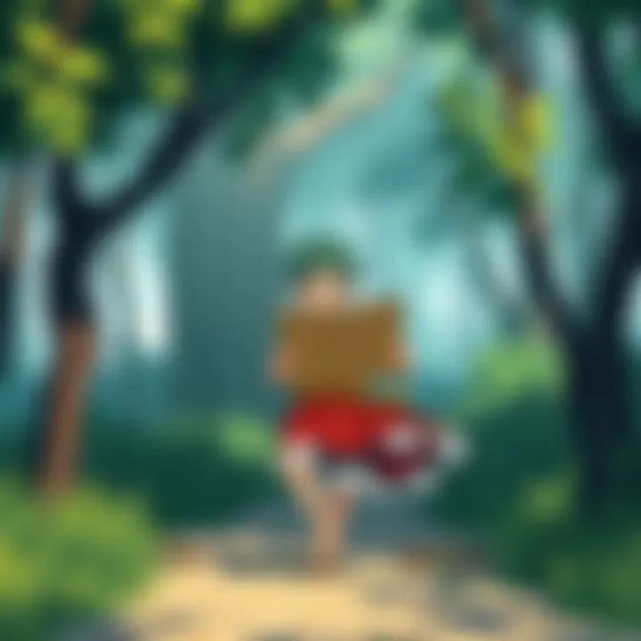 Zoro humorously wandering off the straight path, looking confused with a map in hand, surrounded by trees.