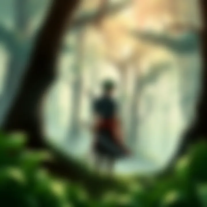 Zoro stands alone in a dense forest, looking around as if searching for a path. His sword is drawn, and he appears focused yet perplexed.