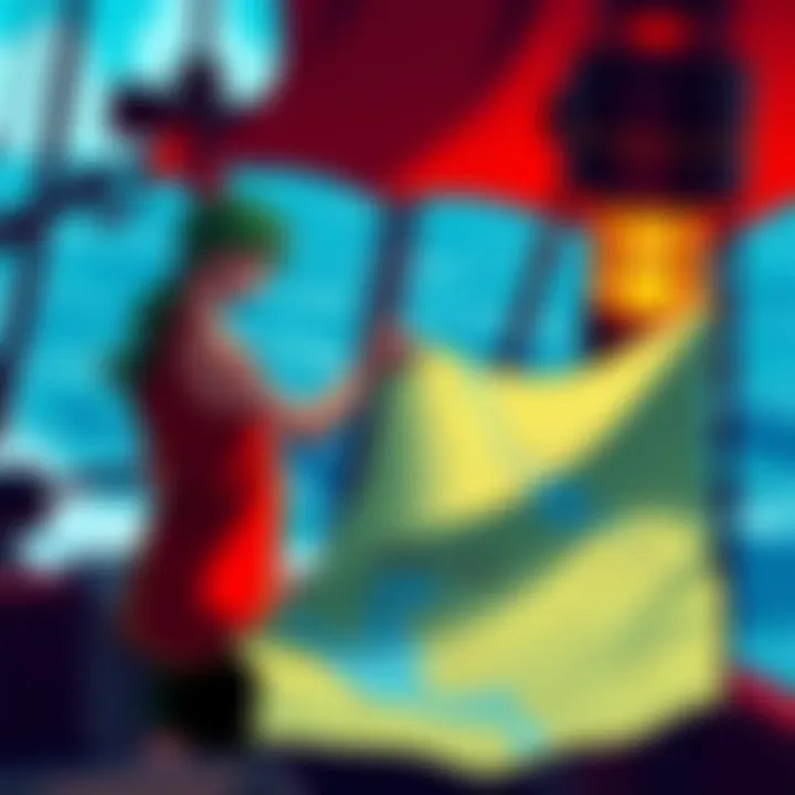 Zoro studying a map while standing on a ship, focused on finding the right direction
