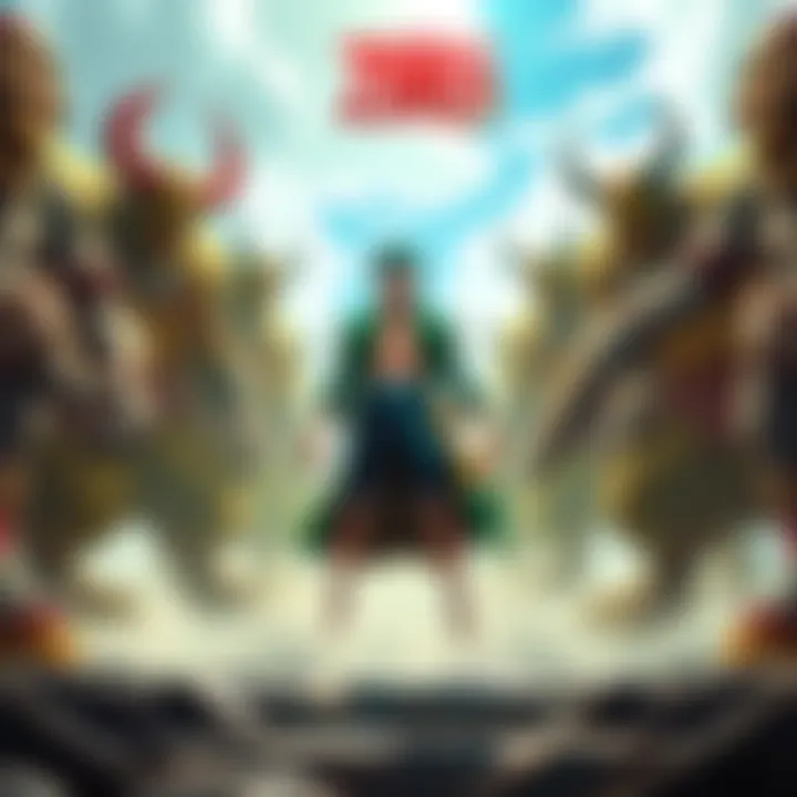 Zoro stands confidently in the center, surrounded by giant allies, showcasing his leadership in the Strawhats-Giants alliance.