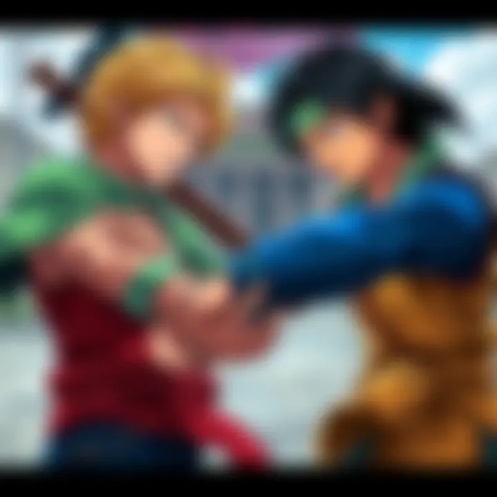 Zoro and Sanji face each other, ready to fight, showcasing their distinct fighting styles and expressions of determination