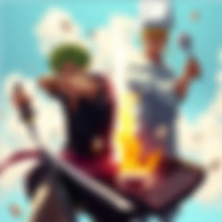 Zoro wielding a sword and Sanji showcasing his cooking skills in a playful competition, illustrating their unique talents.