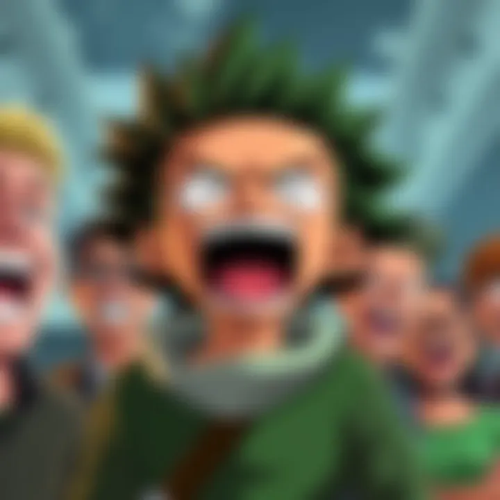 A cartoon character resembling Zoro, with spiky hair and a fierce expression, yelling loudly with exaggerated features. People around him react with laughter and surprise.