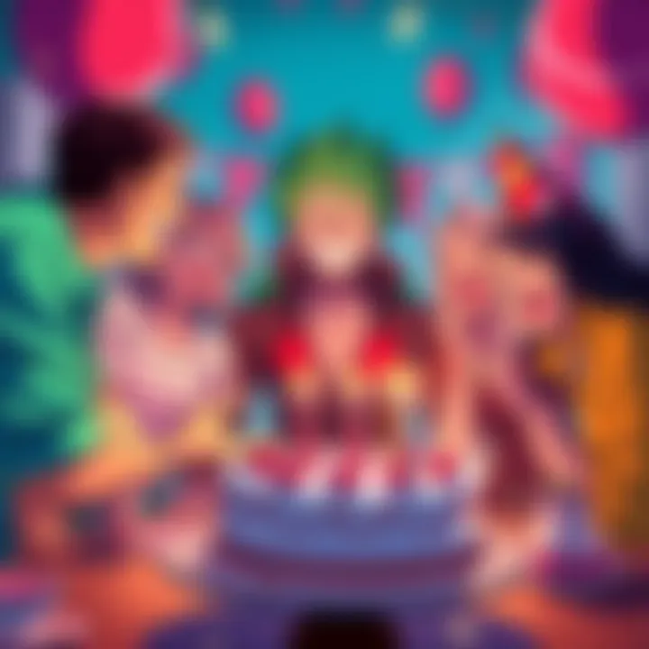 A group of friends joyfully celebrating Zoro's birthday with cake and decorations.