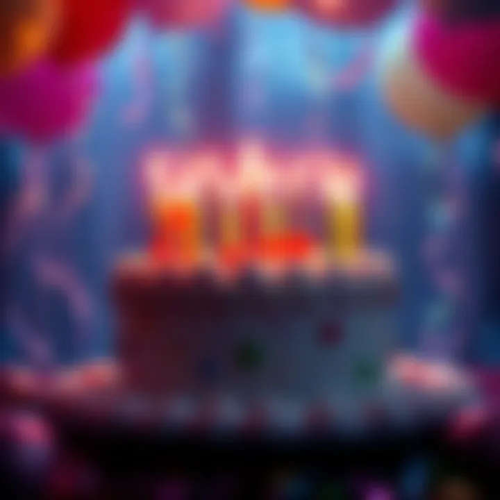 A colorful birthday cake with candles surrounded by festive decorations and balloons, symbolizing a joyful celebration for ZUN.